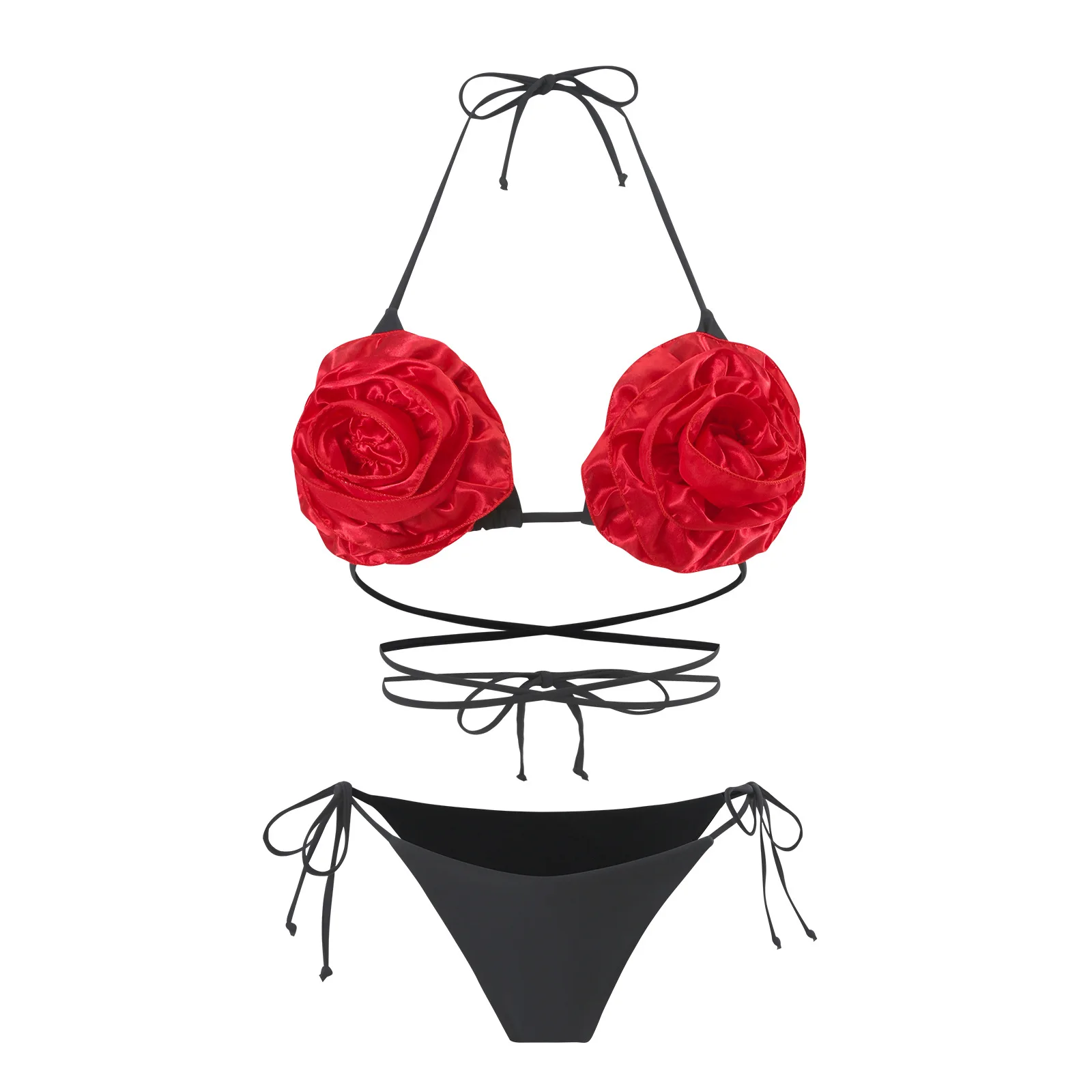 Women's Clothes High Back New 3D Floral Red Halter Bikini Set Sexy Two-Piece Swimsuit for Women Trendy Beachwear Bandage Panties
