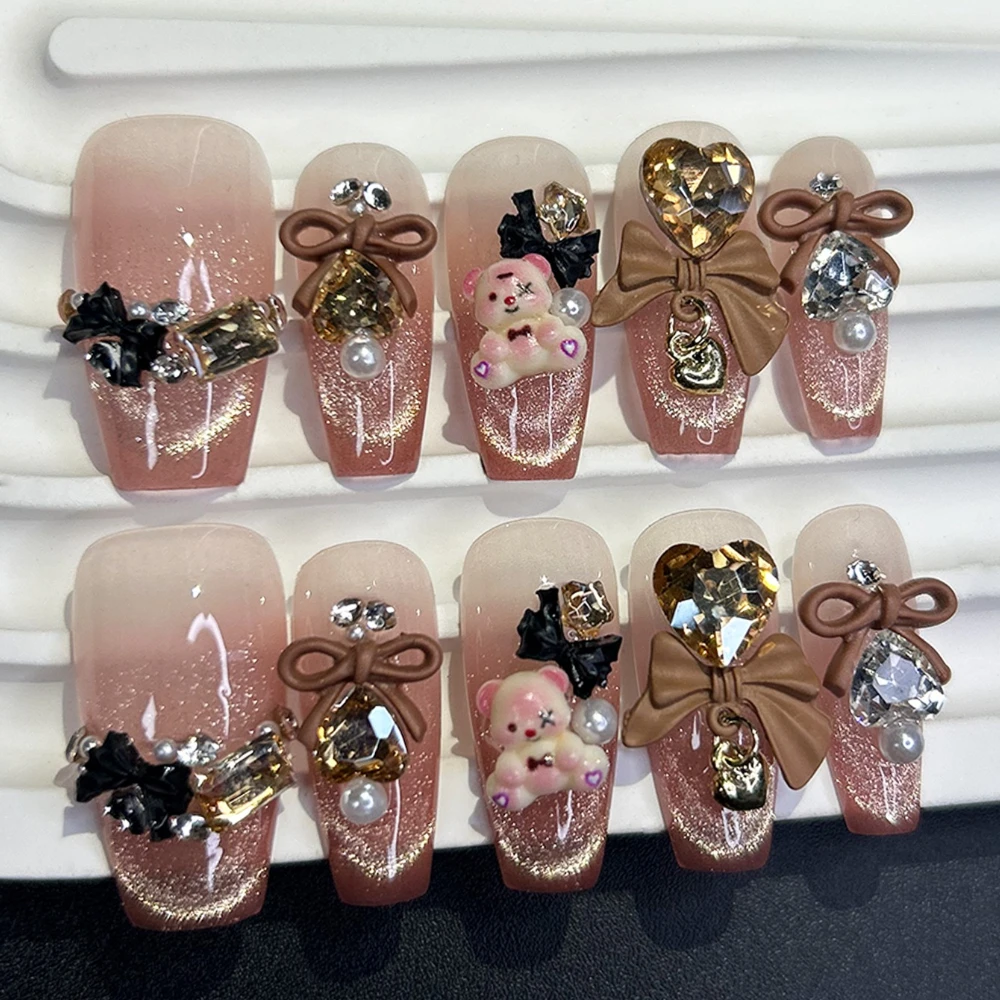 Cute Pink Brown Bear Cat Eye Handmade Press On Nails 3D Diamond Pearl Bow Champagne Glitter Removable Reusable Fake Nails