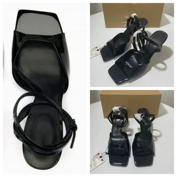 TRAF 여성용 시크한 금속 디스크 힐 샌들, 다크 브라운 라운드 토 핍 토 슬링백 샌들, 우아한 여성 스트랩 버클 힐 슈즈 