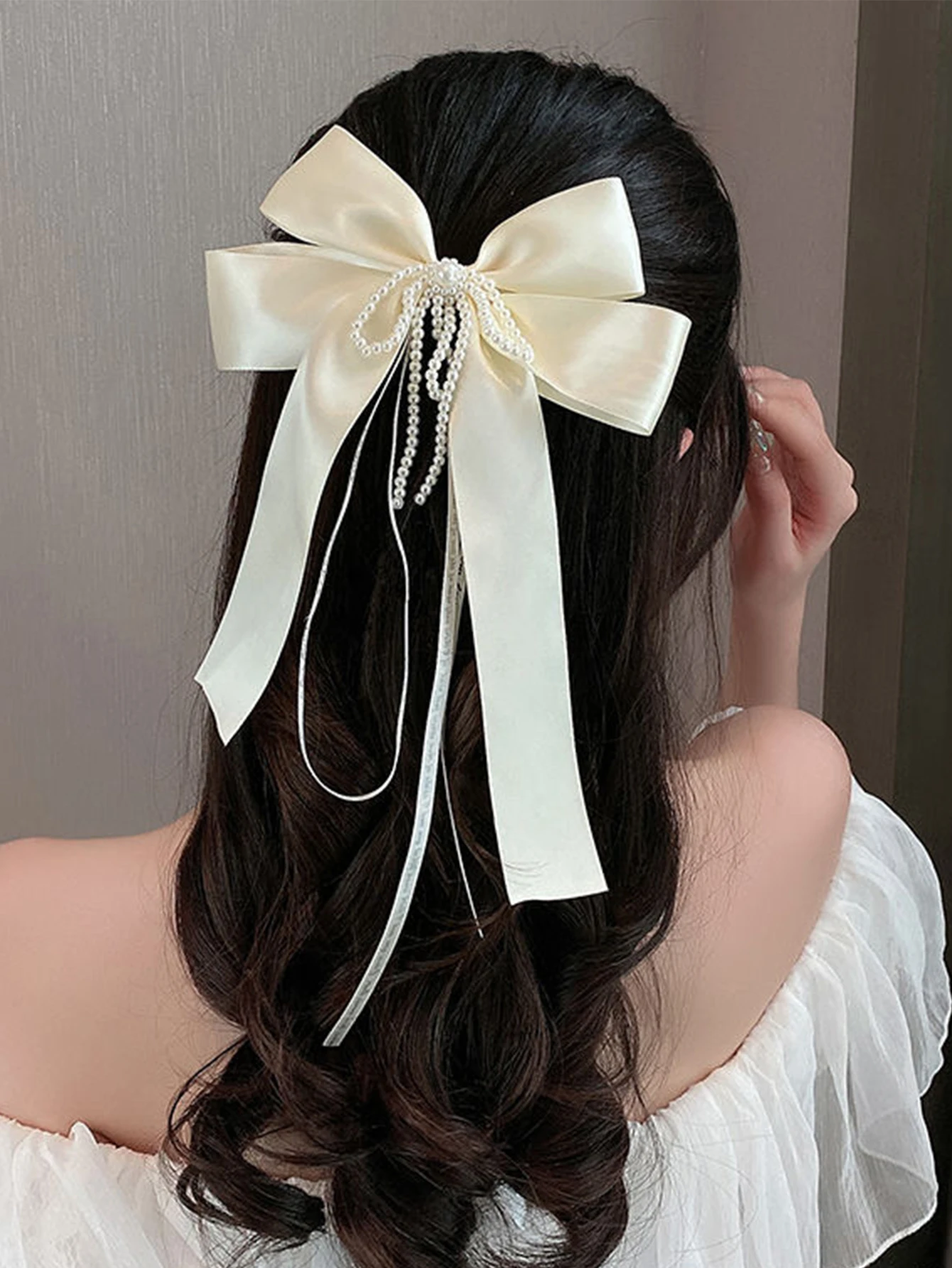 1 Pcs Fashion White Pearl Chain Bow Ribbon Barrettes For Women Girls Party Hair Accessories