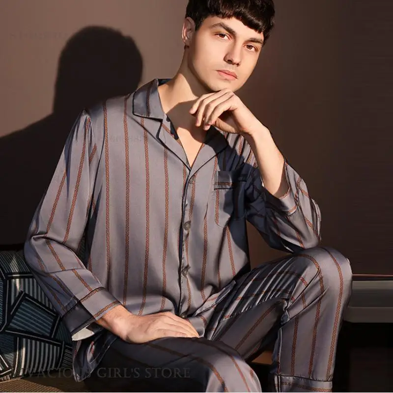 Big Size 3XL Male Pajamas Set Sleepwear Stripe Long Sleeve Trouser Pijamas Suit Loungewear Casual Ice Silk Rayon Home Clothes