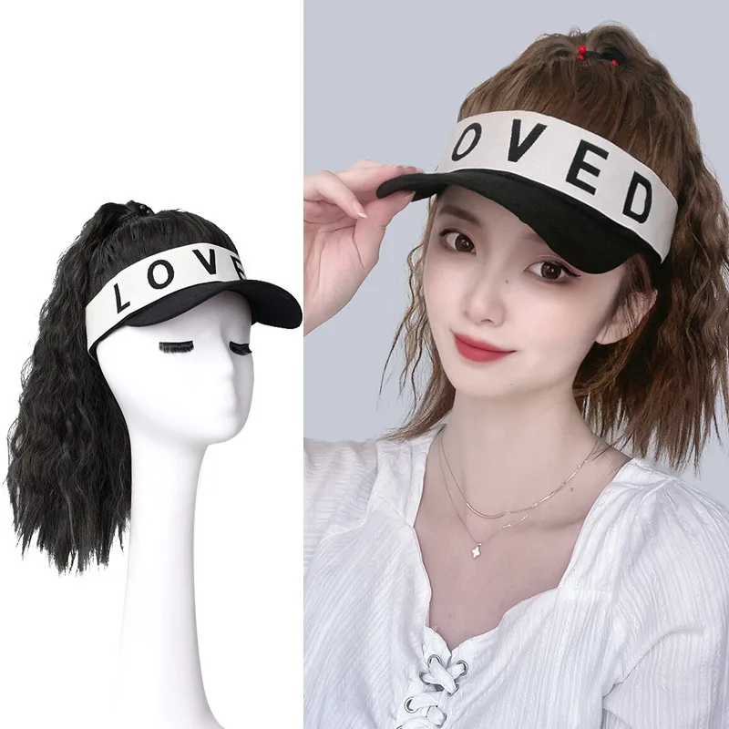 

Summer Women's Love Letter Printed Black Cap With Corn Curly Hair Together