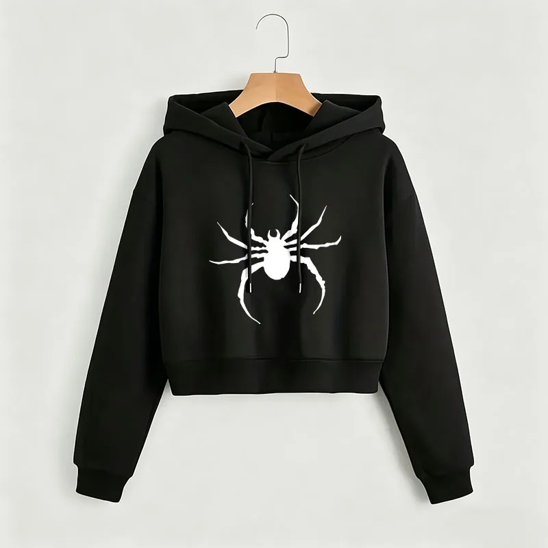 

Fashion Spider Print Autumn Winter Cropped Sweatshirt Crop Top Hoodie Y2k Sweatshirts Gothic Casual Style Clothes