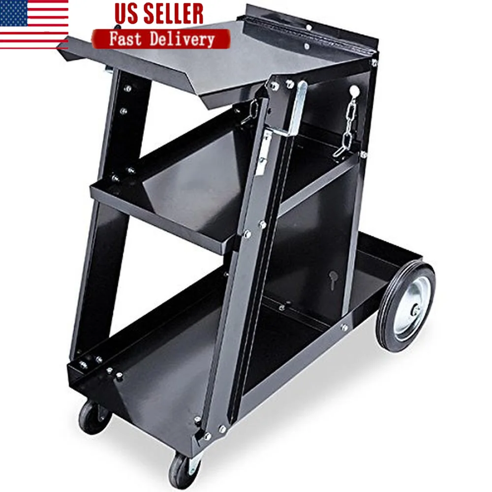 Portable 3-Tier Heavy Duty Steel Welder Cart Mig & Plasma Welding Storage Organizer Cart Utility Tool Rack with Safety Chain &