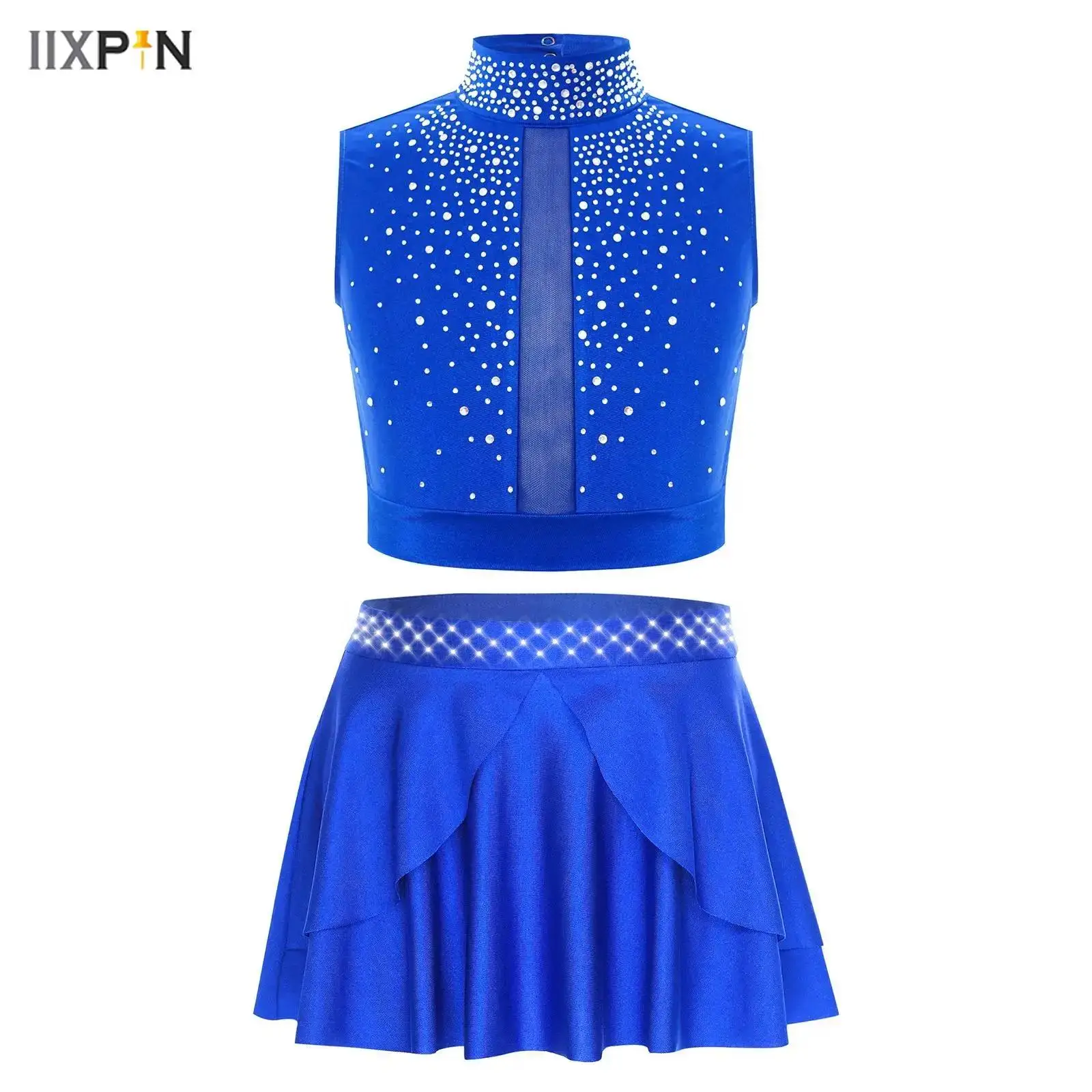 

Kids Girls Modern Lyrical Dance Outfit Shiny Rhinestones Crop Top+Skirt for Ballroom Latin Ballet Gymnastics Dance Performance