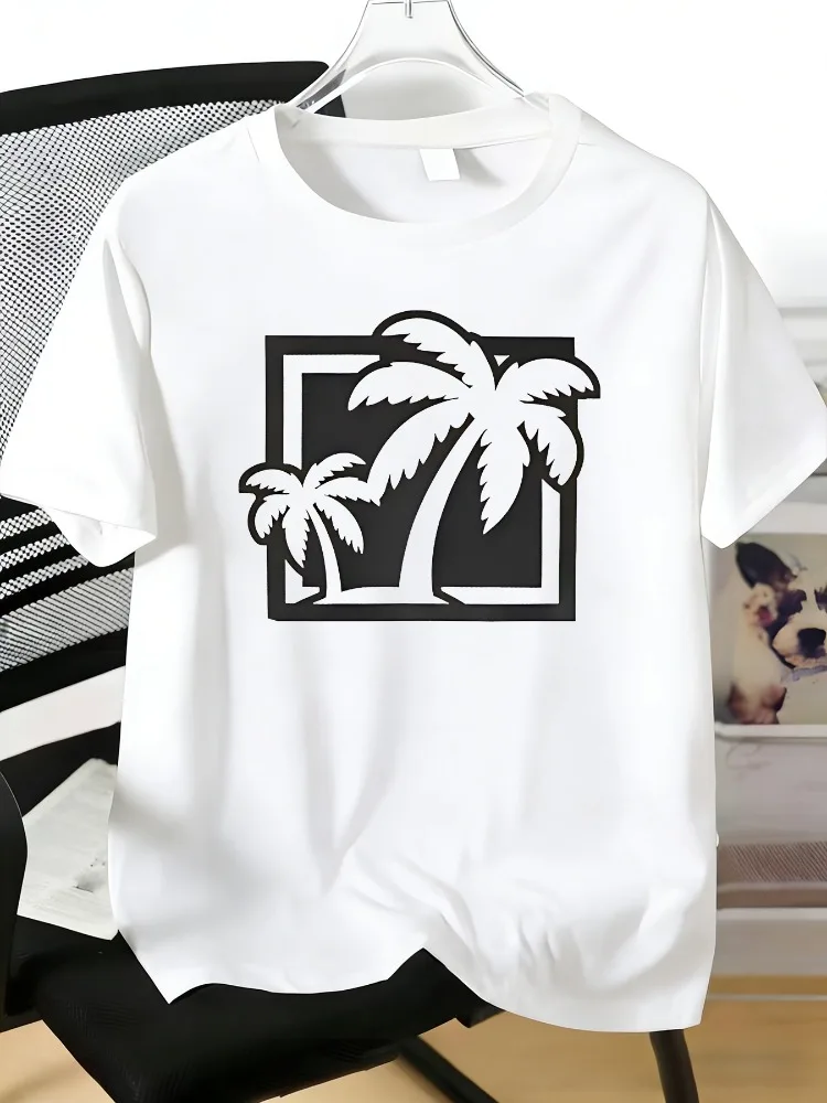 Summer Mens Round Neck T Shirt Double Palm Tree Square Outline Print Breathable Red Outdoor Surf Casual Basic Short Sleeve Top
