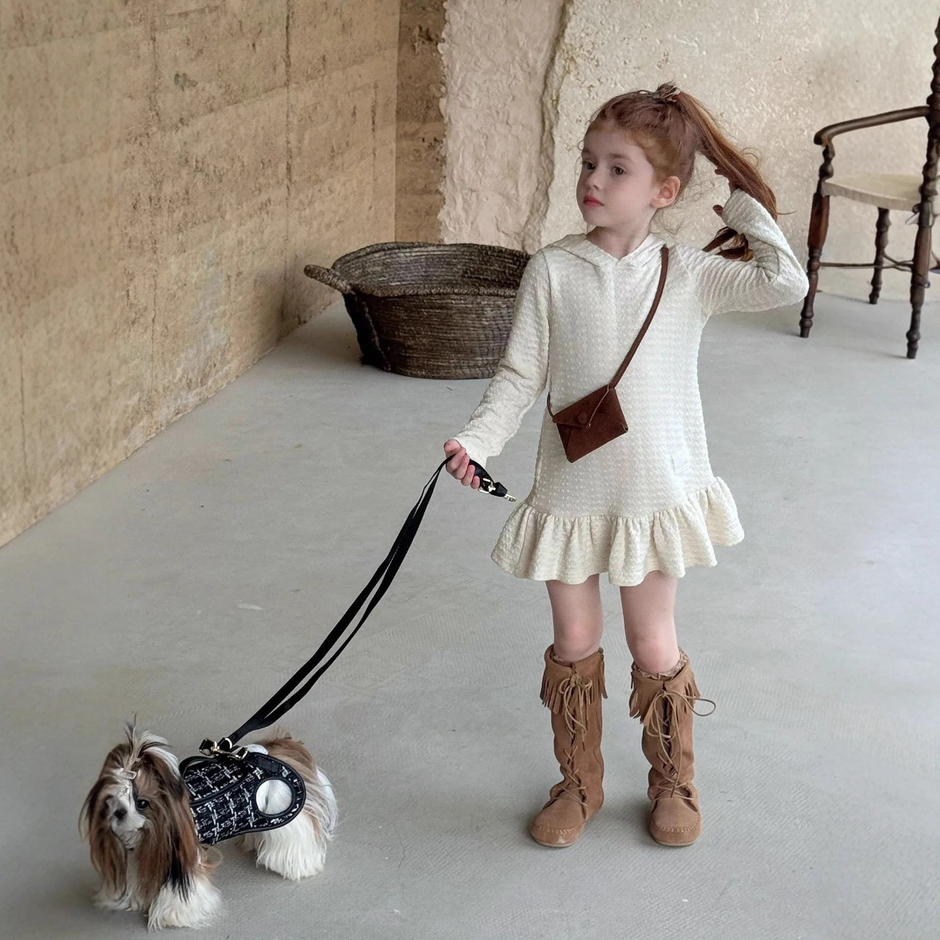 2026 Autumn New Children Clothing Korean Children Hooded Wearing Knitted Dress Girls Knitted Lace Dress