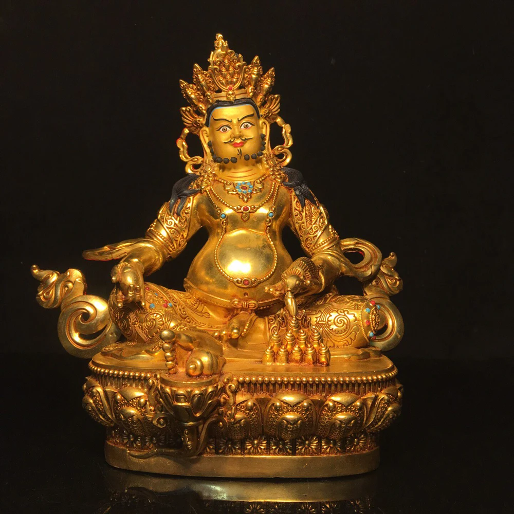 Nepal Handmade Yellow Jambhala Buddha Statue Copper Gold Plated Vintage Home Altar Desk Figurine