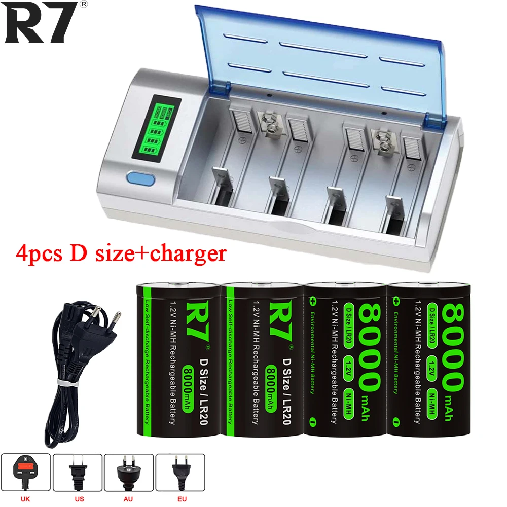 

R7 R20 D Size Battery 8000mAh 1.2V NI-MH Rechargeable D Batteries lr20 for Flashlight Gas Cooker with LCD Quick Charger