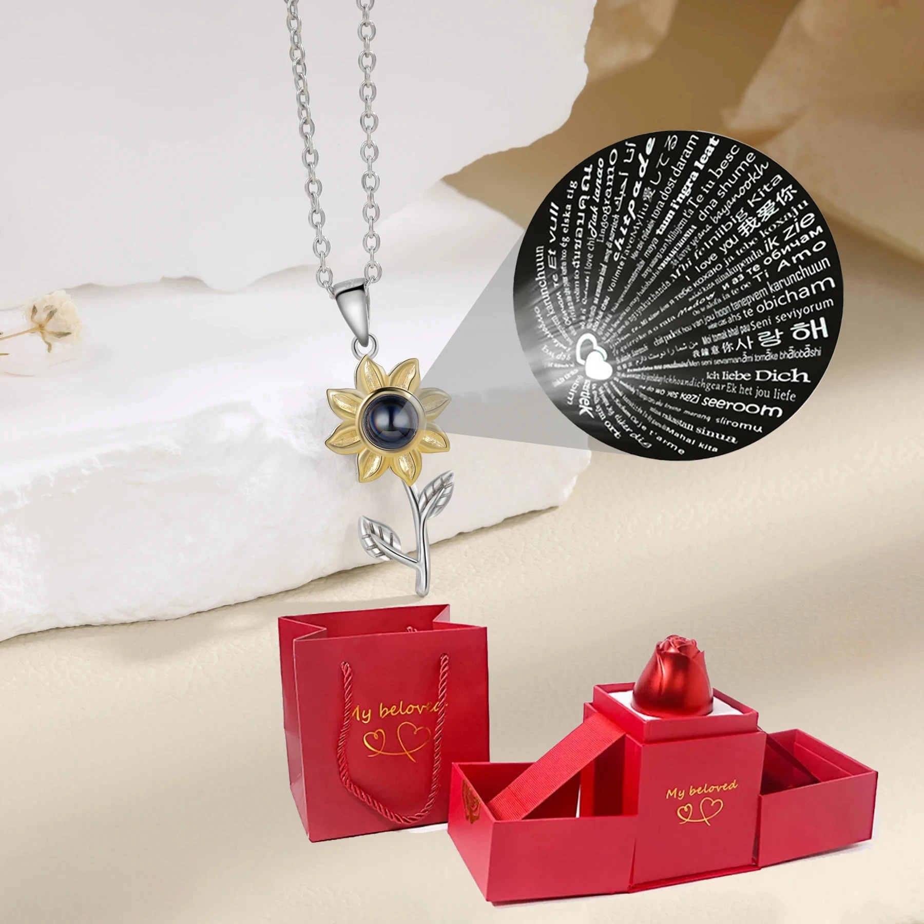 Sunflower Necklace With Rose Flower Gift Box 100 Languages I Love You Pendant Jewelry For Women 2024 Mother's Day Gift