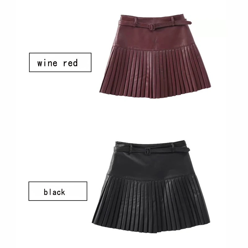 Mini Pleated Genuine Leather Skirt Women 2025 Spring Preppy Style High Waist Sashes Pleated Jupe Female Black/Wine red