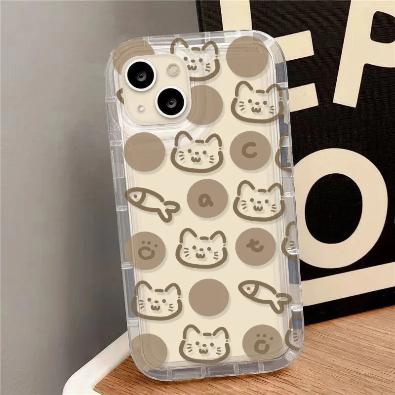 Cartoon Cute Cat Fish Transparent Phone Case For iPhone 13 Case iPhone 15 11 12 16 14 Pro Max X XS XR 7 8 Plus SE 2 Soft Cover