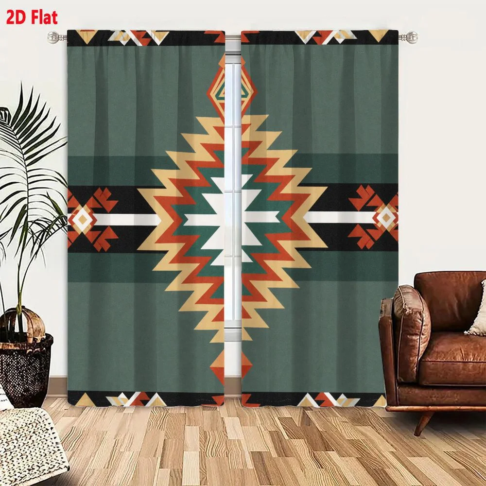 2Pcs Curtains 2D Flat Southwestern Native American Geometric Pattern Teal Black Red White Beige Seamless Decorative Textile Desi