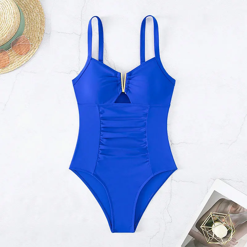 Cikini-Plain Ruched V Wire Swimsuit for Women, Monochromatic, Beach Swimwear, Bathing Suit, Solid Color, Summer