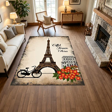 Vintage Eiffel Tower Paris Bicycle Floral Carpet Flooring, Retro European Non-Slip Area Rug for Living Room Bedroom Home Decor