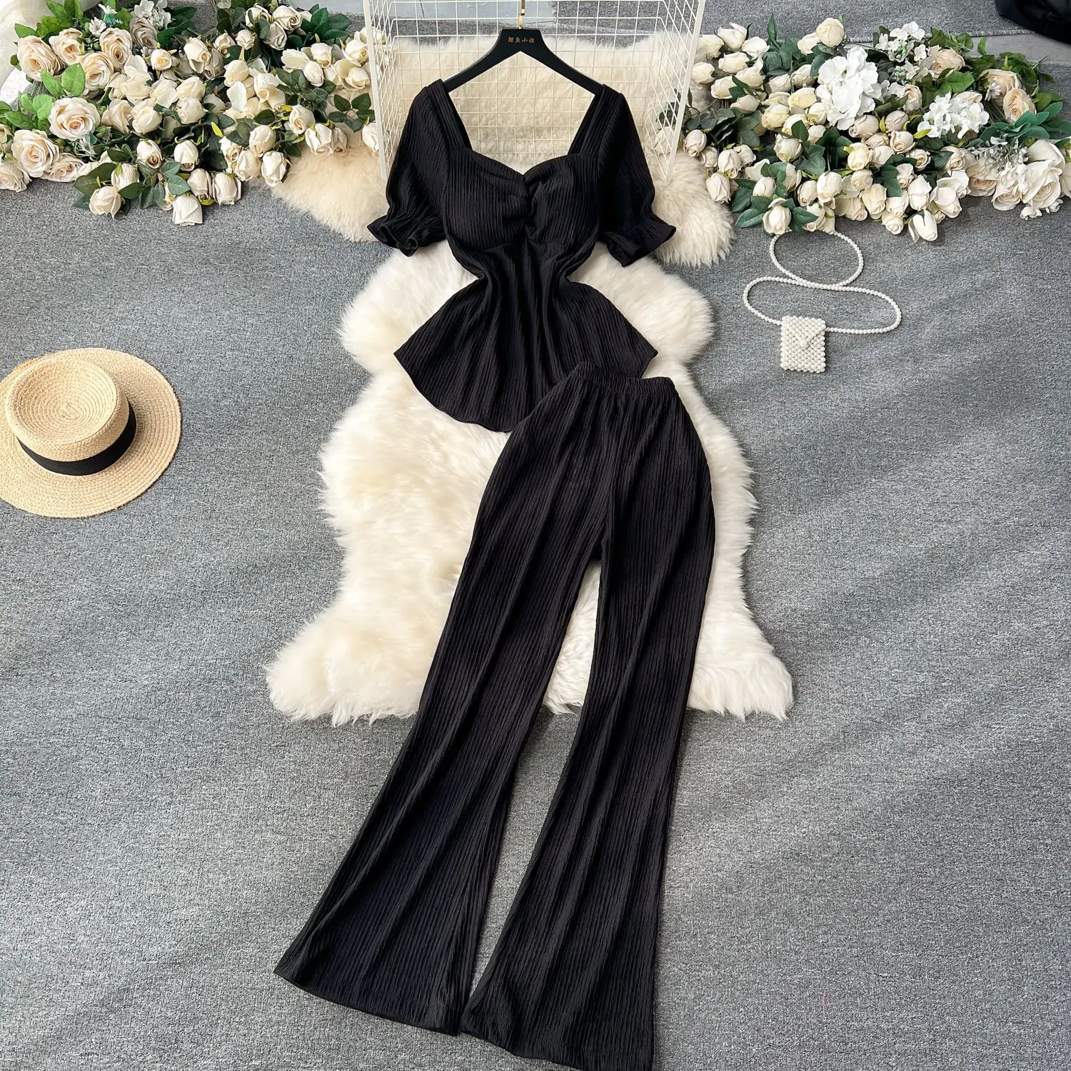 

New Fashion Solid Color 2 Piece Sets Summer Women's Casual Square Neck Short Sleeve Tops Elastic Flare Trousers Female Clothes