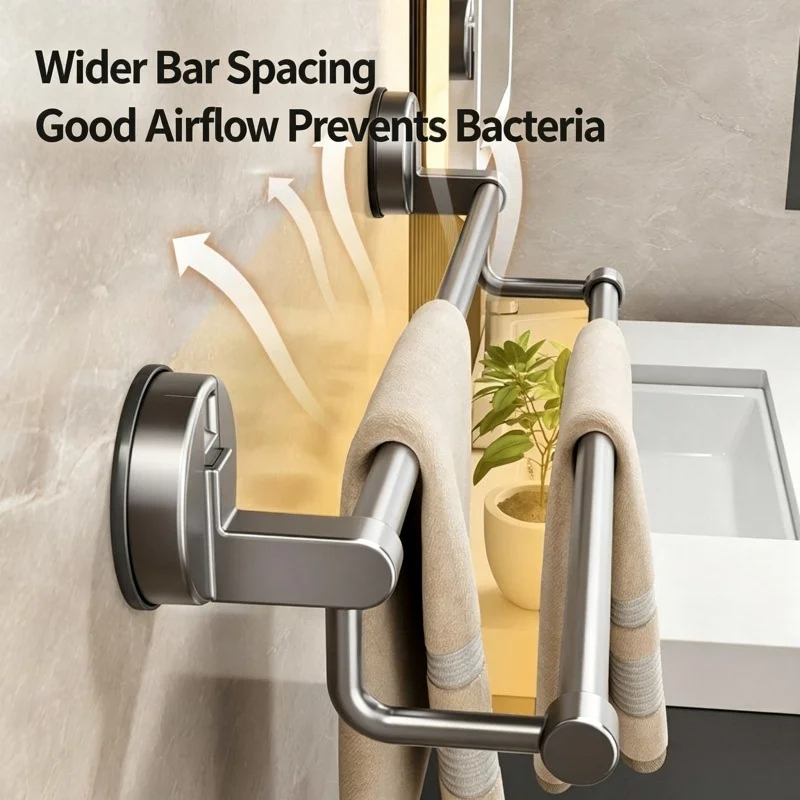 Suction‑Type No‑Drill Towel Rack, Bathroom Wall‑Mounted Dual‑Bar Storage Holder for Towels, Slippers and Bath Towels