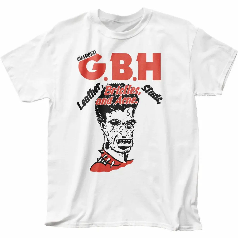 Charged GBH Leather Bristles Studs and Acne T Shirt Mens Licensed Rock White long or short sleeves