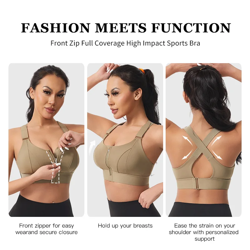 

Strap Shockproof Elastic Fitness Athletic Brassiere Slim Yoga Crop Top Sports Bras For Women Front Zipper Adjustable
