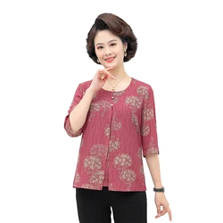 New Summer womens clothing Middle-aged elderly Fake Two-Piece Set Casual Print Loose Women'S shirt