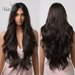 ALAN EATON Long Wavy Synthetic Wigs for Black Women Dark Brown Wig Ntural Middle Parting Wavy Daily Cosplay Hair Heat Resistant