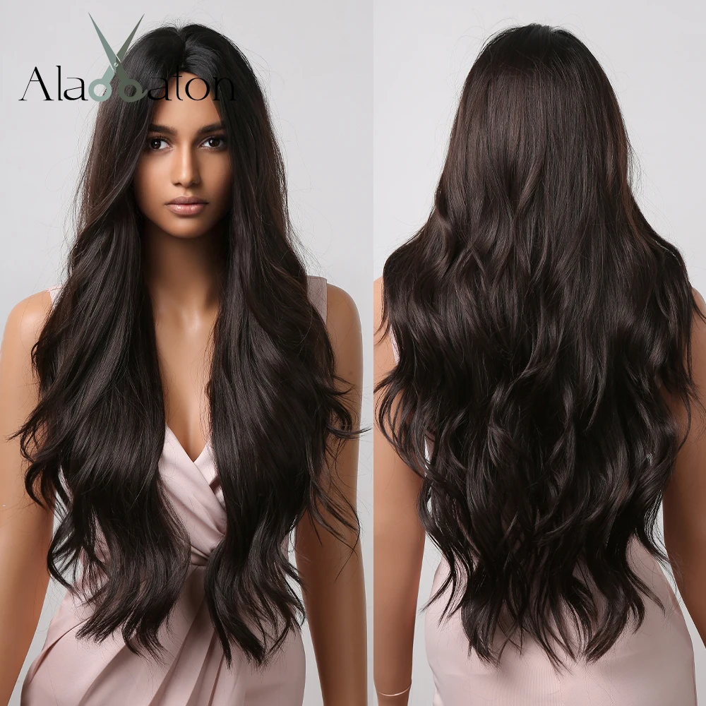 ALAN EATON Long Wavy Synthetic Wigs for Black Women Dark Brown Wig Ntural Middle Parting Wavy Daily Cosplay Hair Heat Resistant
