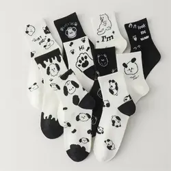 Women's Cotton Socks Cute Cartoon Animal Cat Dog Panda Casual Crew Socks Funny Black and White lettering Harajuku Socks