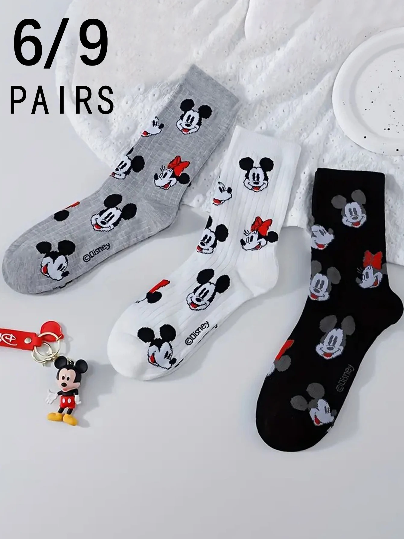 

6/9 Pairs of miniso Korean version Disney Cartoon Character Mickey Mouse pattern Comfortable Soft Women's Mid-Calf Socks