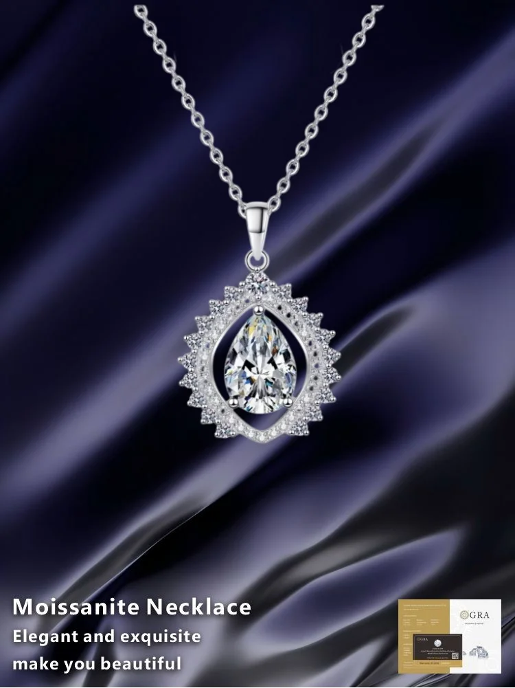 

GRA Certified Moissanite 925 Sterling Silver Pear Shaped Sunflower Water Drop Pendant Necklace Collarbone Chain for Daily Wear