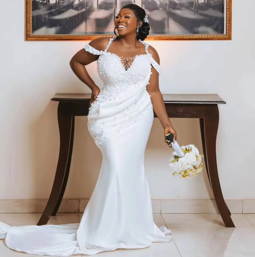 African Plus Size White Wedding Dress Bridal Gowns Mermaid Pleated Pearls Beaded Lace Rhinestones Wedding Bride Gowns Vestidos