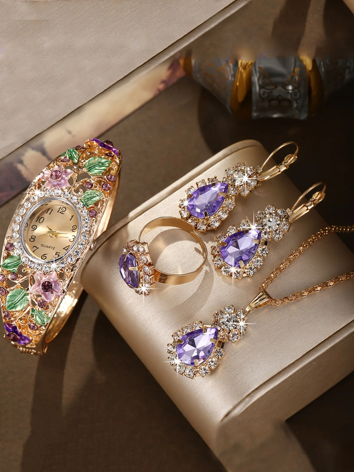 Elegant Purple Crystal Gemstone Wrist Watch Jewelry Set, All-match Ladies Accessory Gift for Wedding Party