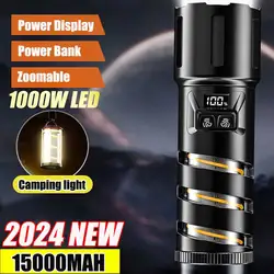 2024 Newest 1000W LED Flashlight Rechargeable 15000MAH Torch Lighting Tactical Lantern Powerful Flashlights with Camping Light