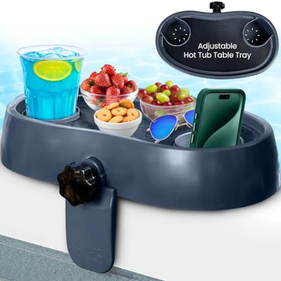 

Adjustable Hot Tub Table Tray Heavy-Duty, Nonslip Drink Caddy with Cup Holders - Clamps to Side of Aboveground Bathtub, Spa Out
