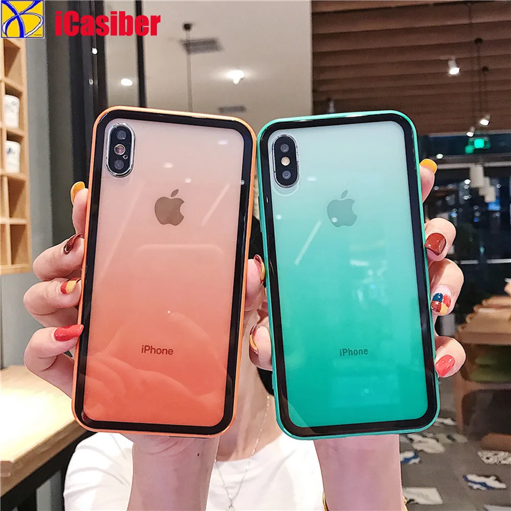 

50pc iCasiber Gradient Tempered Glass Case For iphone XS Max XR X XS 6 6s 7 8 Plus Colorful Shockproof Phone Cover Protect Cases