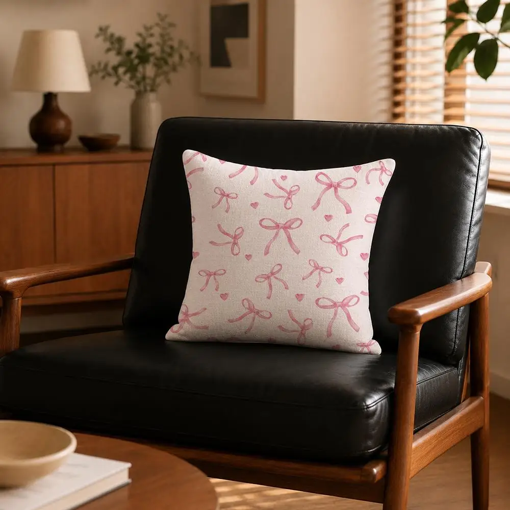 Pattern Pink Bow Cherry Cushion Cover Cushion Covers Natural Linen Breathable Sofa Bedroom Decor Pillowcase