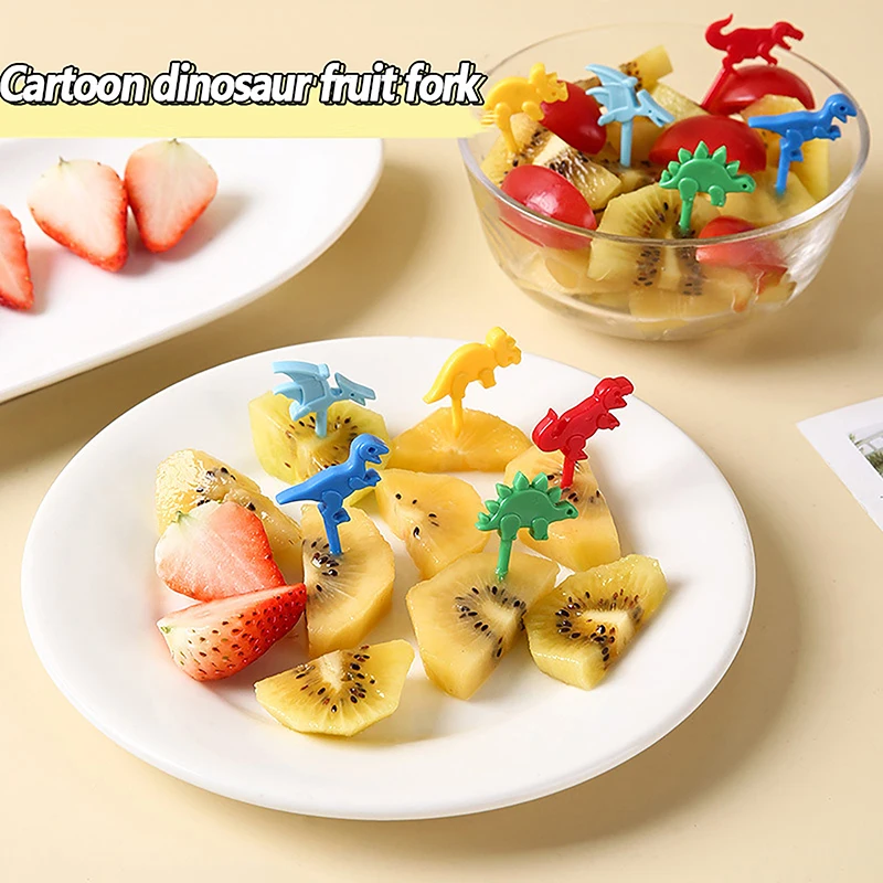 10Pcs Cartoon Fruit Fork Cute Dinosaur Cupcake Top Decoration Food Appetizer Toothpicks , Bento Box Accessories Cocktail Picks