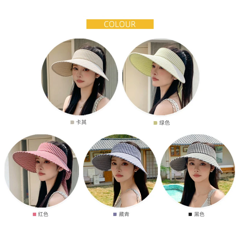 Chapeau de protection solaire d'été pour femmes, chapeau d'extérieur à carreaux frais, petit parfum, banderole à vent, nœud, grand bord, chapeau haut-de-forme vide