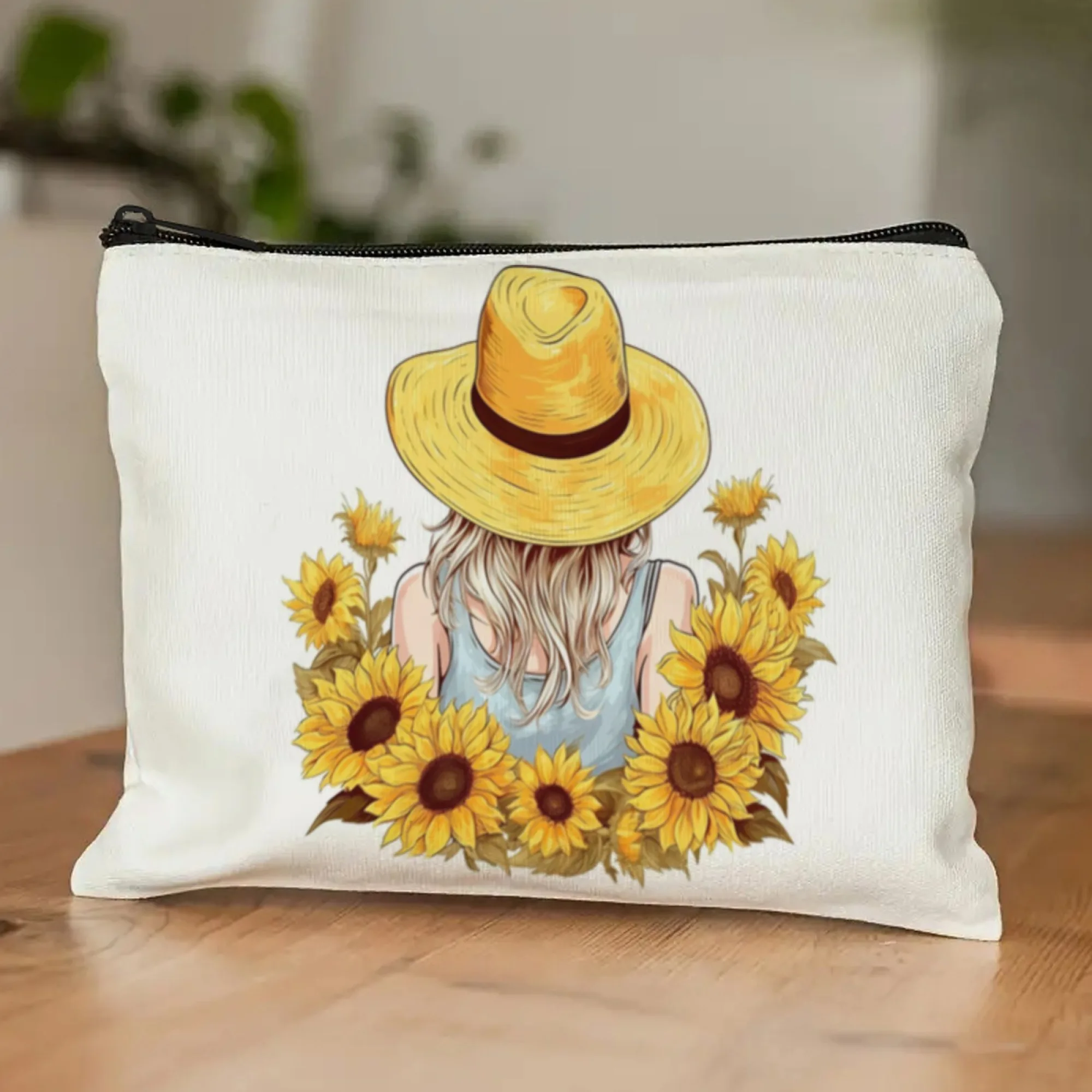 Literary Straw Hat Girl With Sunflower Cosmetic Travel Bag - Foldable Zippered Makeup Organizer, Makeup Bag Gifts For Girls