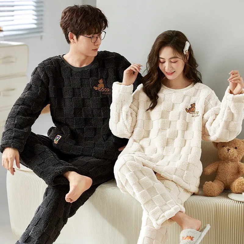 2024 Winter Couples Pajama Sets Women Men Pyjamas Hoodies Sleepwear Soft Warm Plaid Cartoon Lovely Pijamas Suit Homewear Clothes