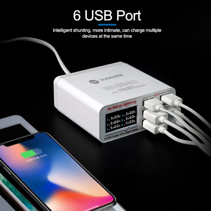 Sunshine SS-304D Portable 40W 6 Port USB Smart Fast Charge With HD Digital Display Suitable For Huawei Samsung Oppo Vivo Xiaomi