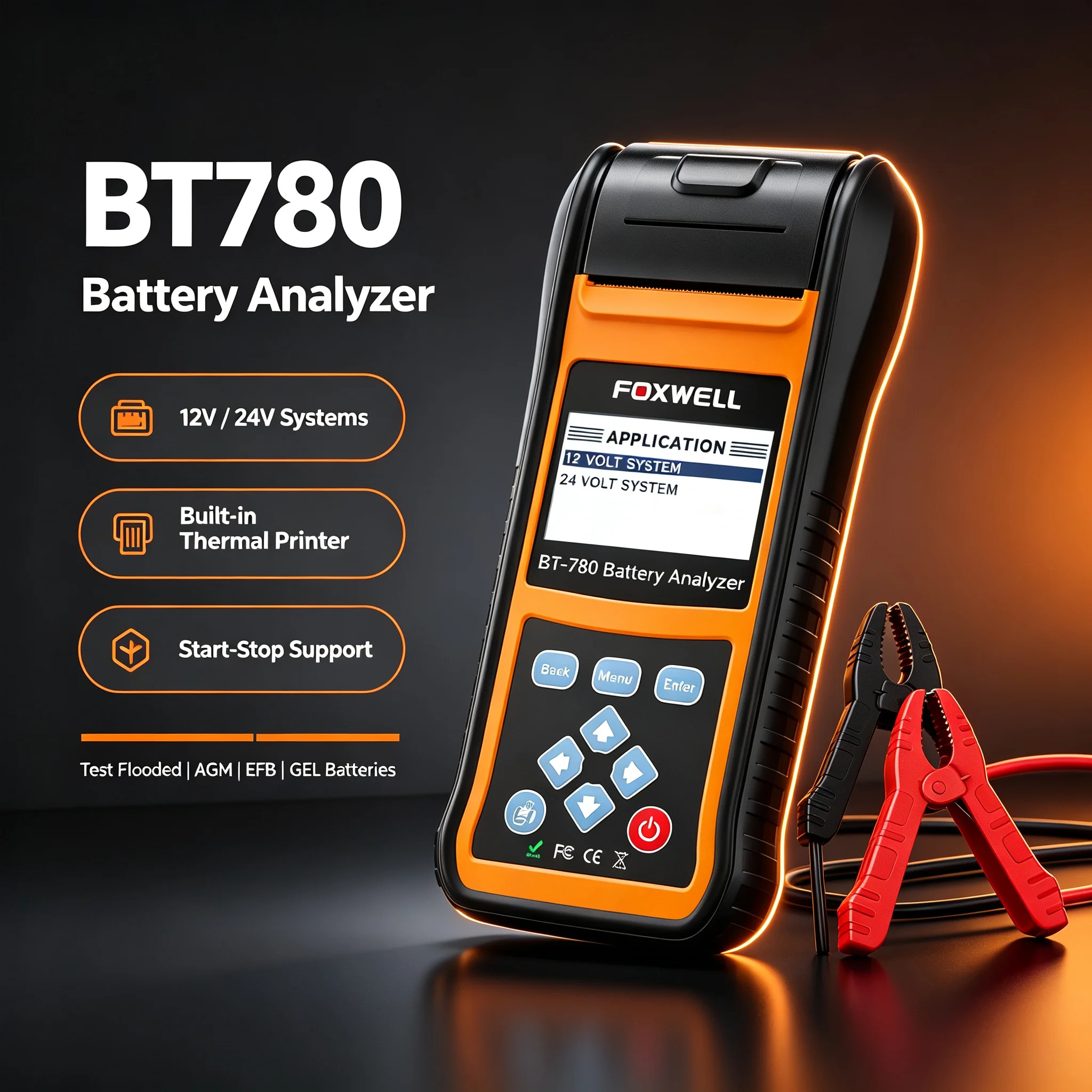 FOXWELL BT780 12V Car Battery Tester Capacity AGM/GEL/EFB Analyzer with Built-in Printer Car Battery Monitor CCA/SOC/SOH Test