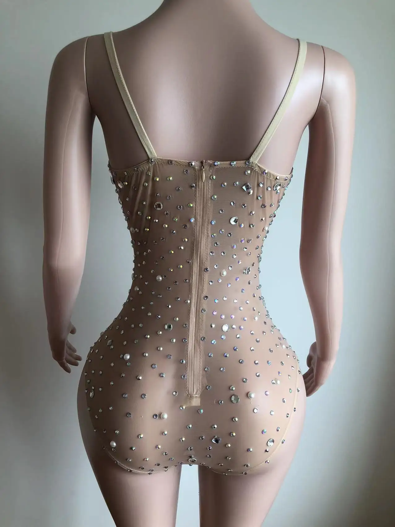 OYM Embellished Sparkle Rhinestone Mesh Sleeveless Lingerie Lover Bodysuit