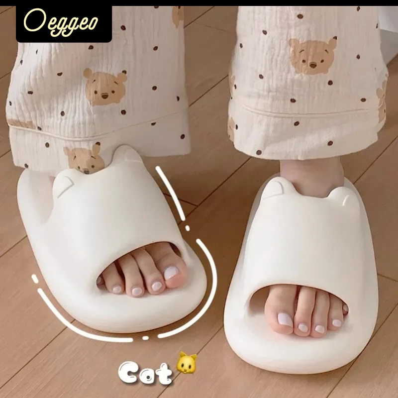 

oeggeo Women's anti-skid soft-soled home slippers cartoon cat slippers thick-soled anti-odor girls shoes