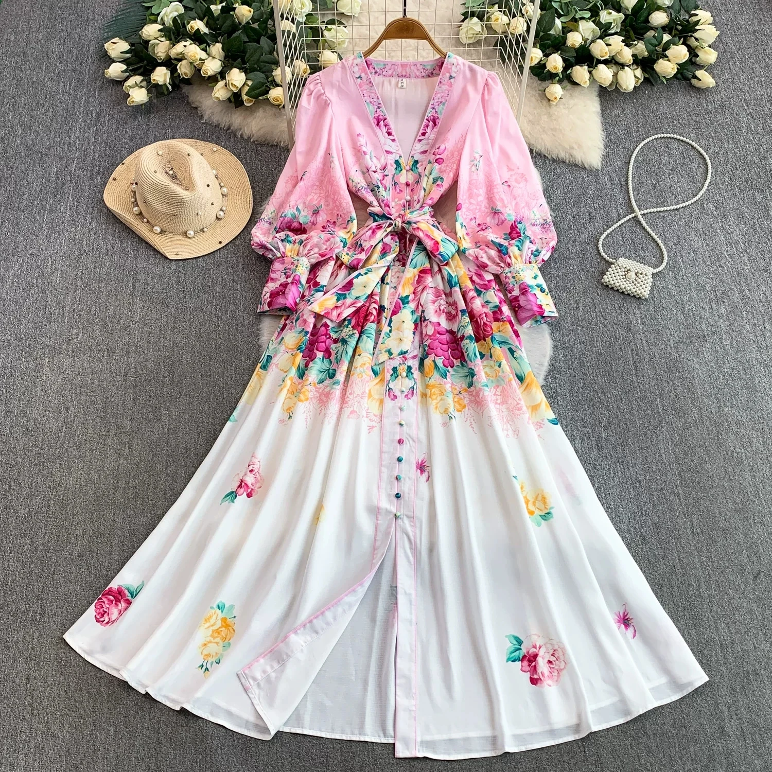 

Summer Bohemian Floral Print Long Dress for Women's V Neck Lantern Sleeve Tie Waist A-Line Casual Cocktail Party Maxi Dresses
