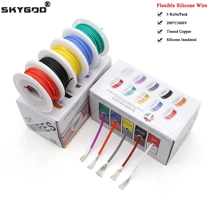 

Flexible Silicone Wire Heat Resistant Stranded Cable 30/28/26/24/22/20/18/16AWG (5 Colors Mix Kit) Electrical Tinned Copper Wire