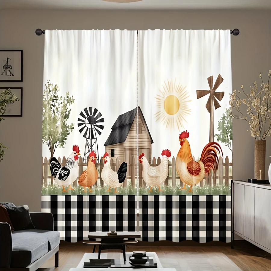 2PCS Digital Print  Curtain, Farm Chickens, Modern Farmhouse Rustic Window Treatment for Bedroom Living Room Decoration