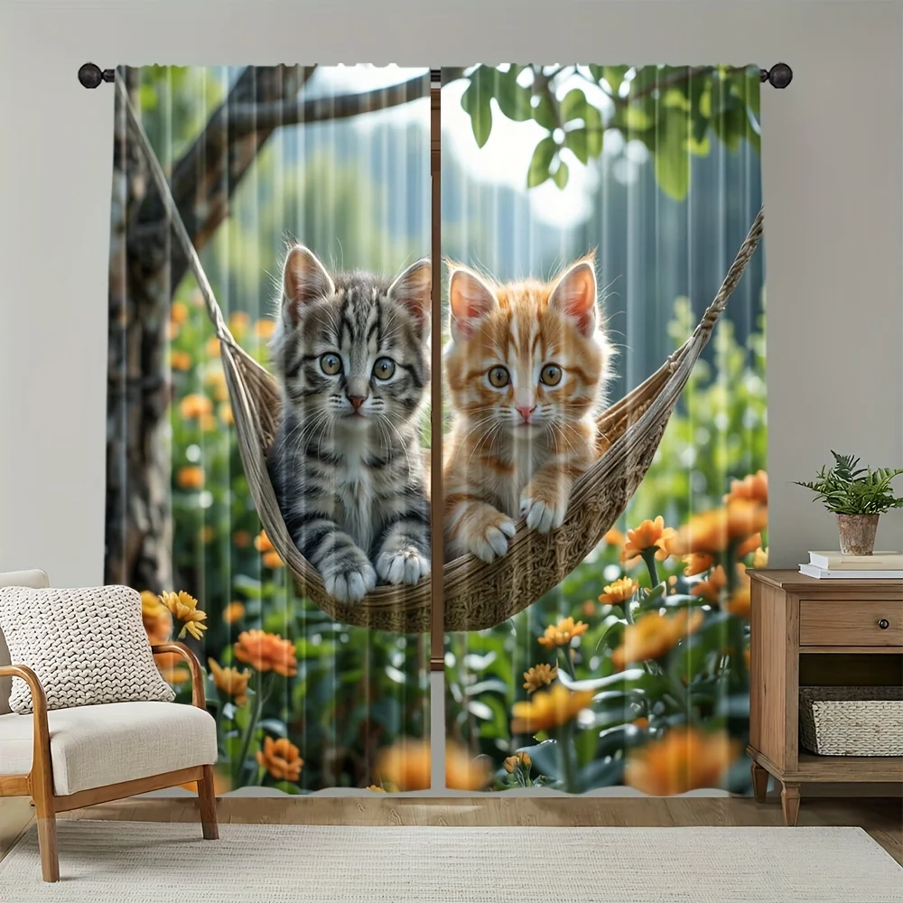 Vivid Two Kitten Hammock Curtain 2 Panels Blurry Garden Floral Light Inn Room Curtain Gentle Cute Pet Bedroom Home Decor