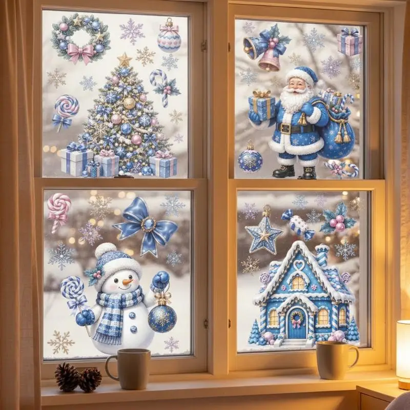 (Removable Christmas PVC Static Sticker Santa Elk Window Stickers Beautify Snowflake Wall Decals New Year Party Glass Dress Up)