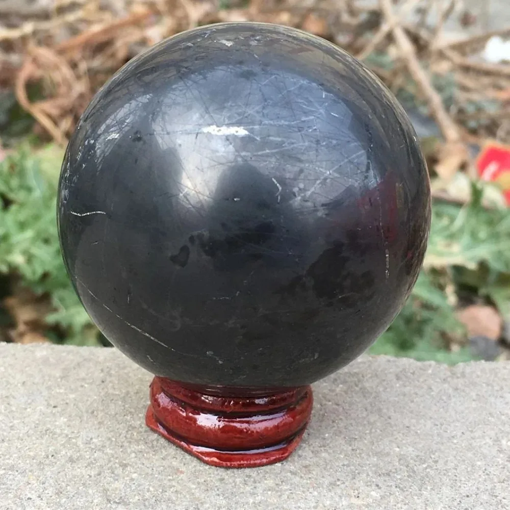Natural Shungite Crystal Ball with Quartz Point, Raw Stone Feng Shui Decor, Healing Mineral Sphere for Home Office