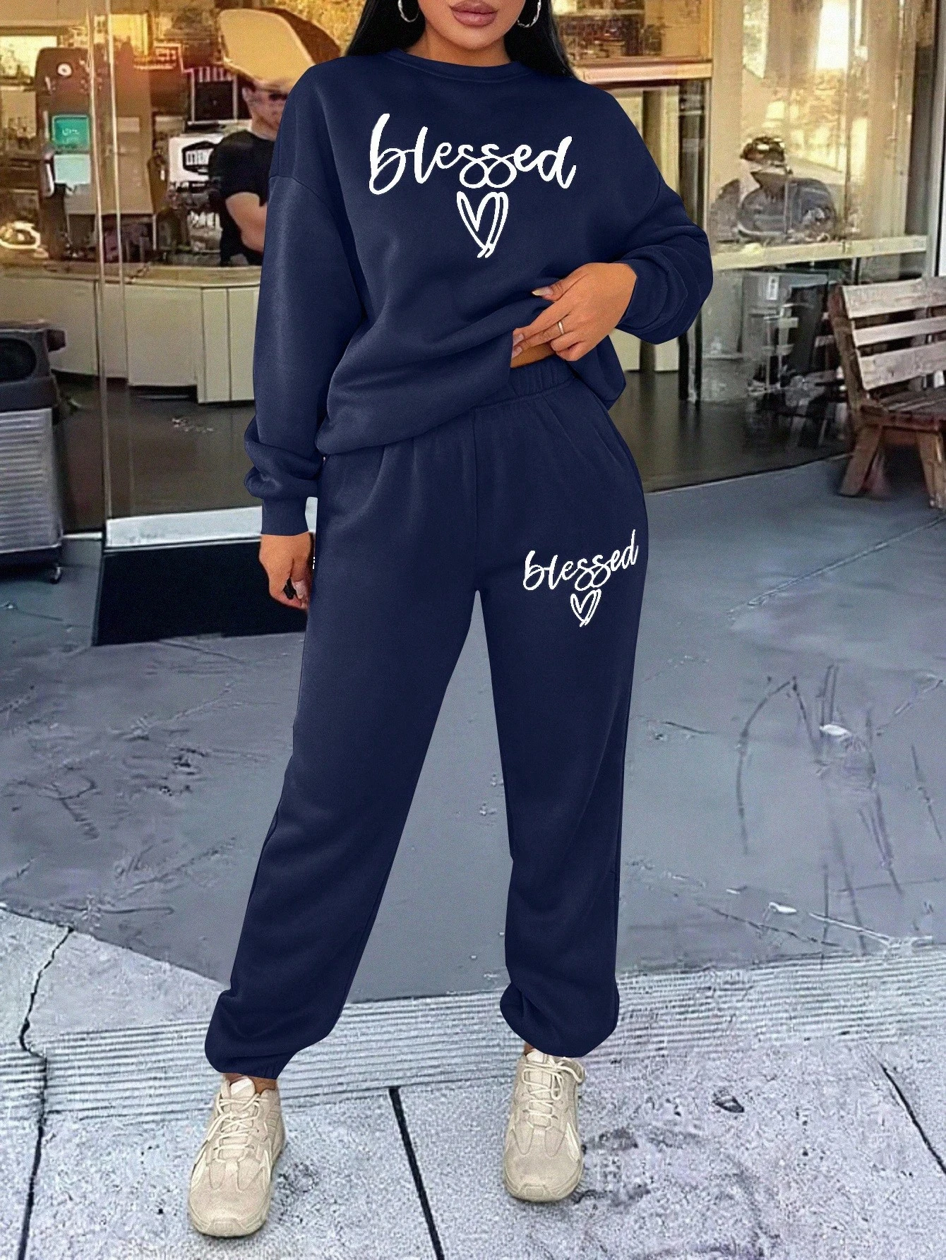 

Autumn Women 2pcs Oversize Letter Printed Crew Neck Long Sleeve Top And Pants Set Casual Street Clothing Fleece Soft Sweatshirt